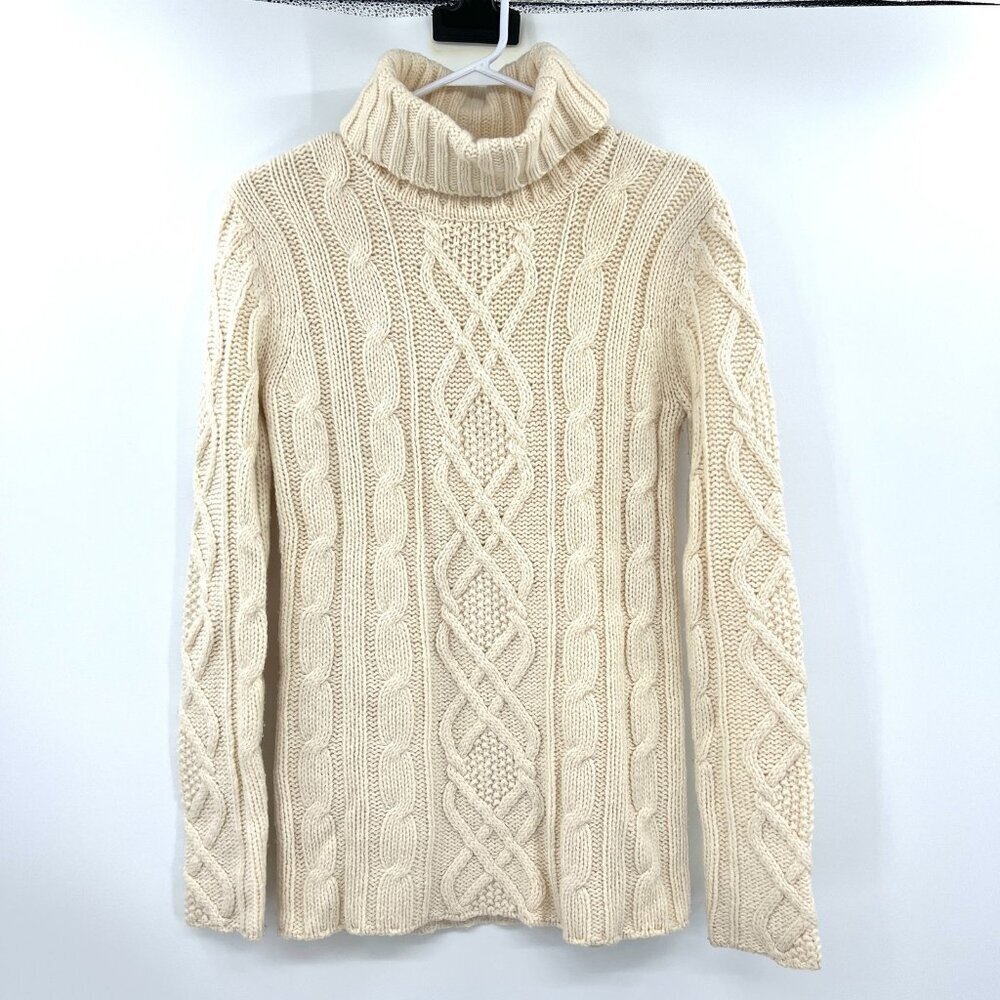 Eddie Bauer Merino Wool Blend Cream Cable Knit Turtleneck Sweater Women's Small